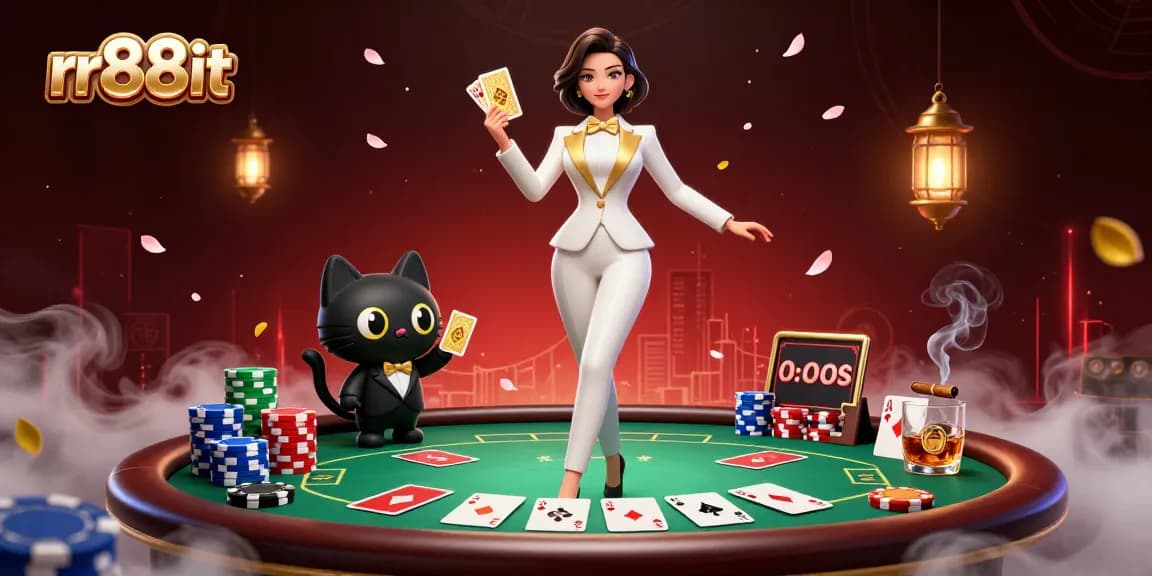 Experience thrilling action with rr88it as a glamorous dealer shuffles cards alongside a stylish tuxedo cat.