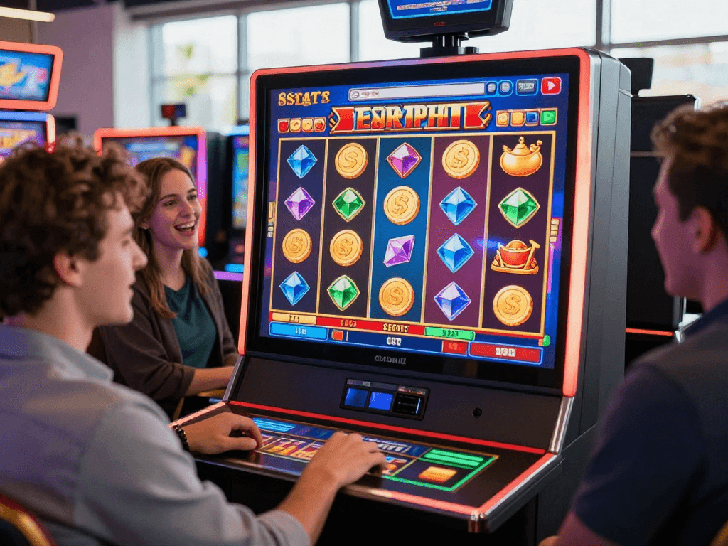 Exciting gameplay at a situs slot online, players enjoying colorful slot machine graphics.