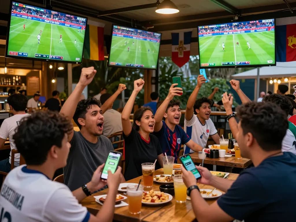 Soccer fans cheering while placing bets on a mobile app at a sports bar.