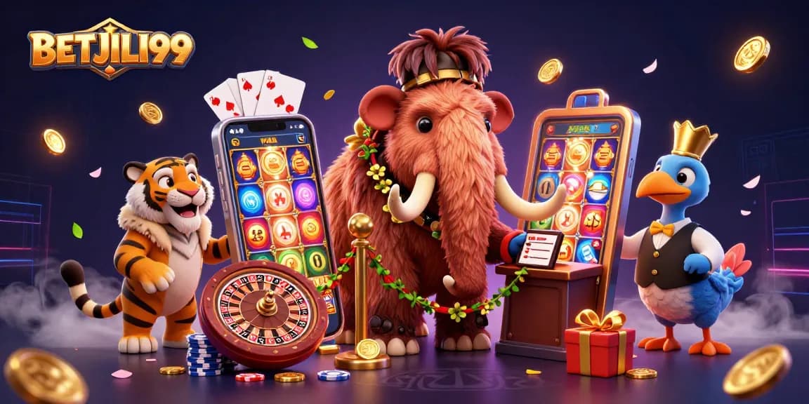 Experience thrilling casino moments with BETJILI99 featuring a mammoth bouncer, VIP saber-tooth tiger, and fun gaming elements.