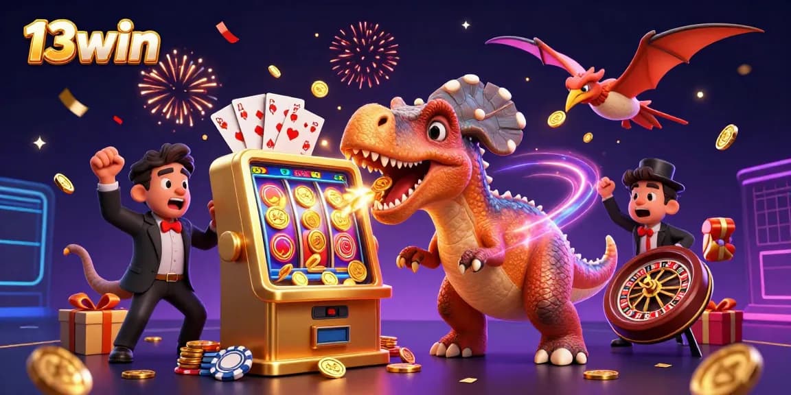 Experience the excitement of 13win as a pachycephalosaurus wins jackpot coins from a golden slot machine.