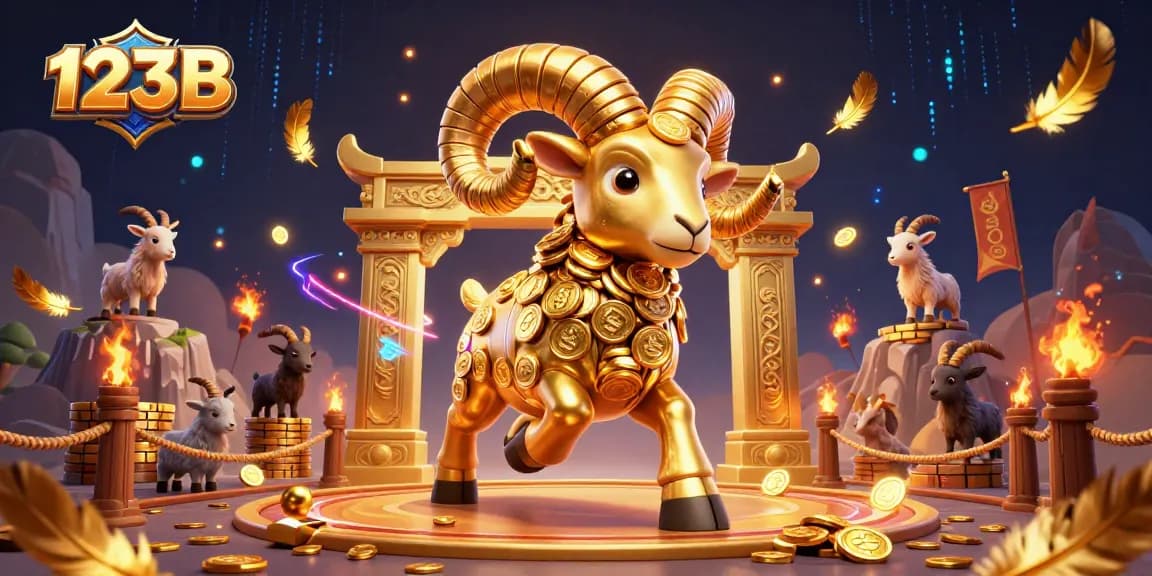 Experience thrilling gameplay at 123B, as golden ram charges in a vibrant casino arena with rich gaming elements.