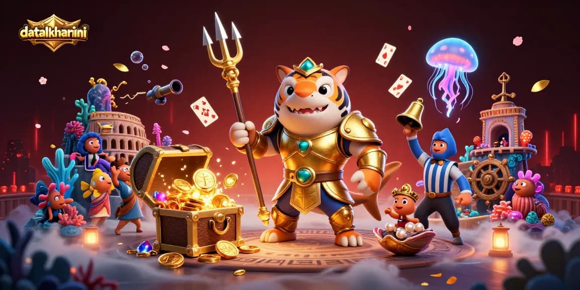 Menghadirkan datahkhariini dalam ilustrasi 3D menampilkan hiu kartun berarmor emas, merayakan kemenangan lotere dengan harta karun bawah laut.