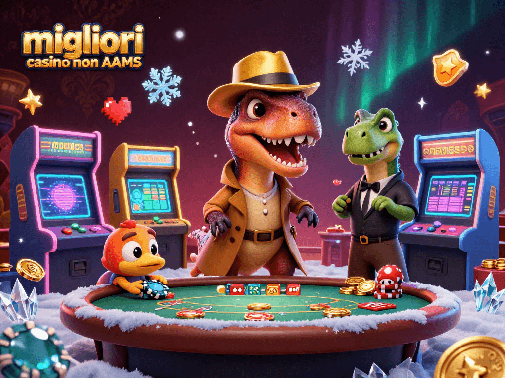 Scopri i migliori casino non AAMS mentre il velociraptor gioca a blackjack, immerso in un ambiente scintillante e vivace.
