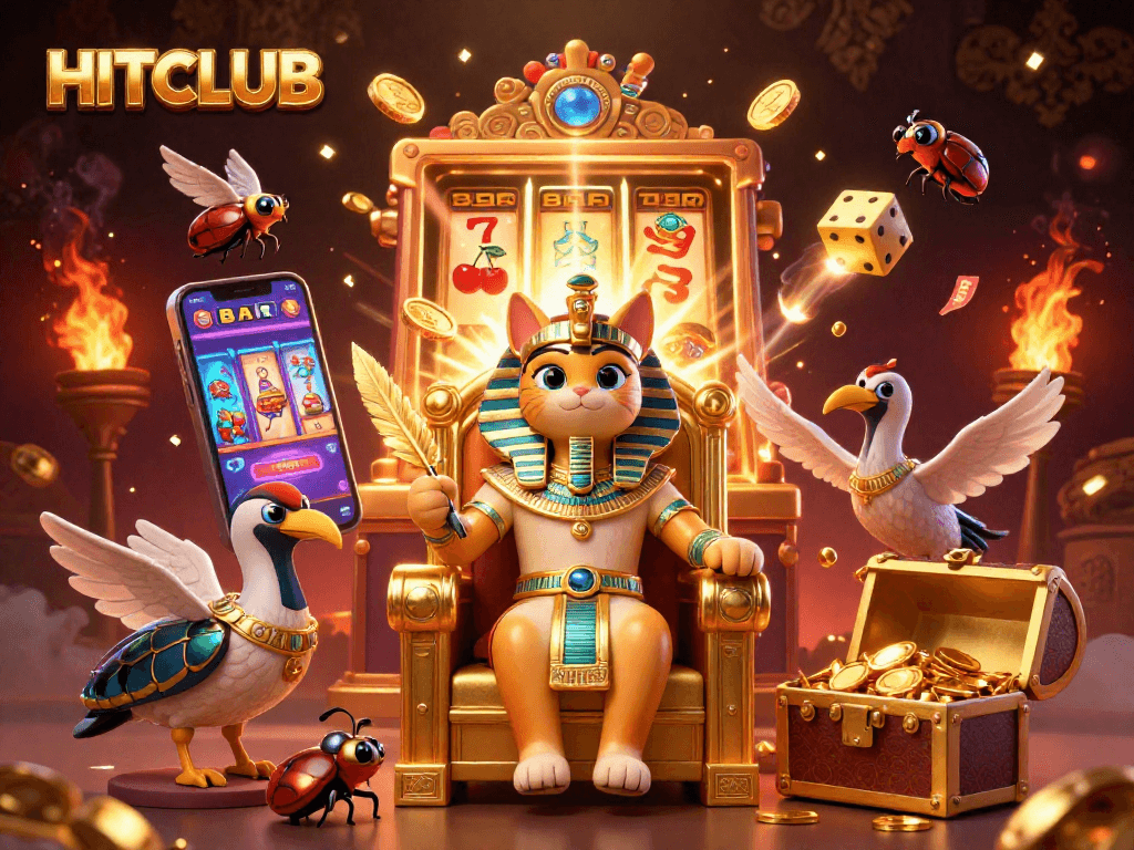 Join the excitement at HITCLUB with a vibrant 3D casino illustration featuring jackpot slots and golden treasures.