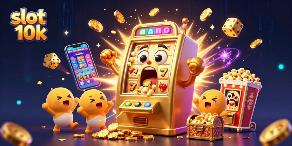 Mesin slot 10k mengeluarkan koin saat mendapatkan jackpot, dikelilingi mesin slot bersorak.