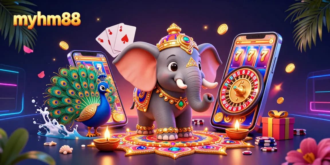 Engage with exciting slot games at myhm88, featuring a lively casino atmosphere with vibrant elements.