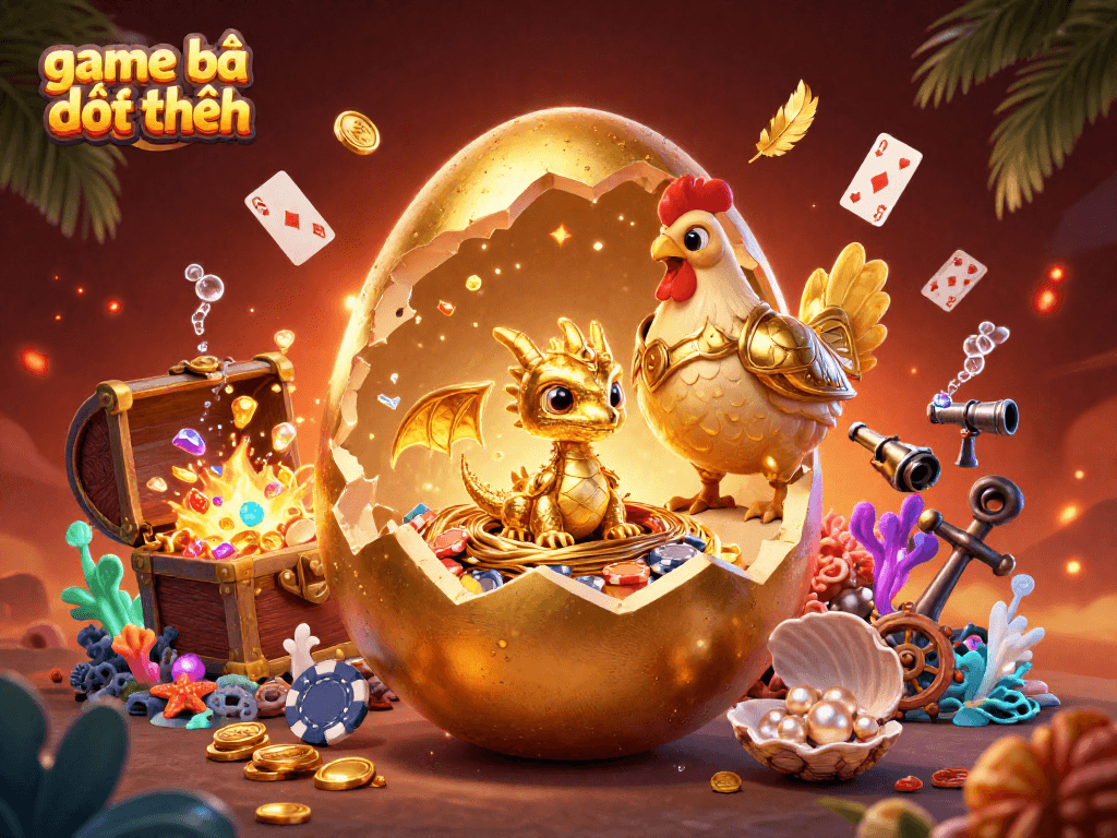 Engage in game bài đổi thưởng with a vibrant, 3D scene showcasing golden elements and poker chips.