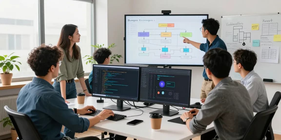 Team discussing Bungee Exchange cross-chain solutions in a modern workspace