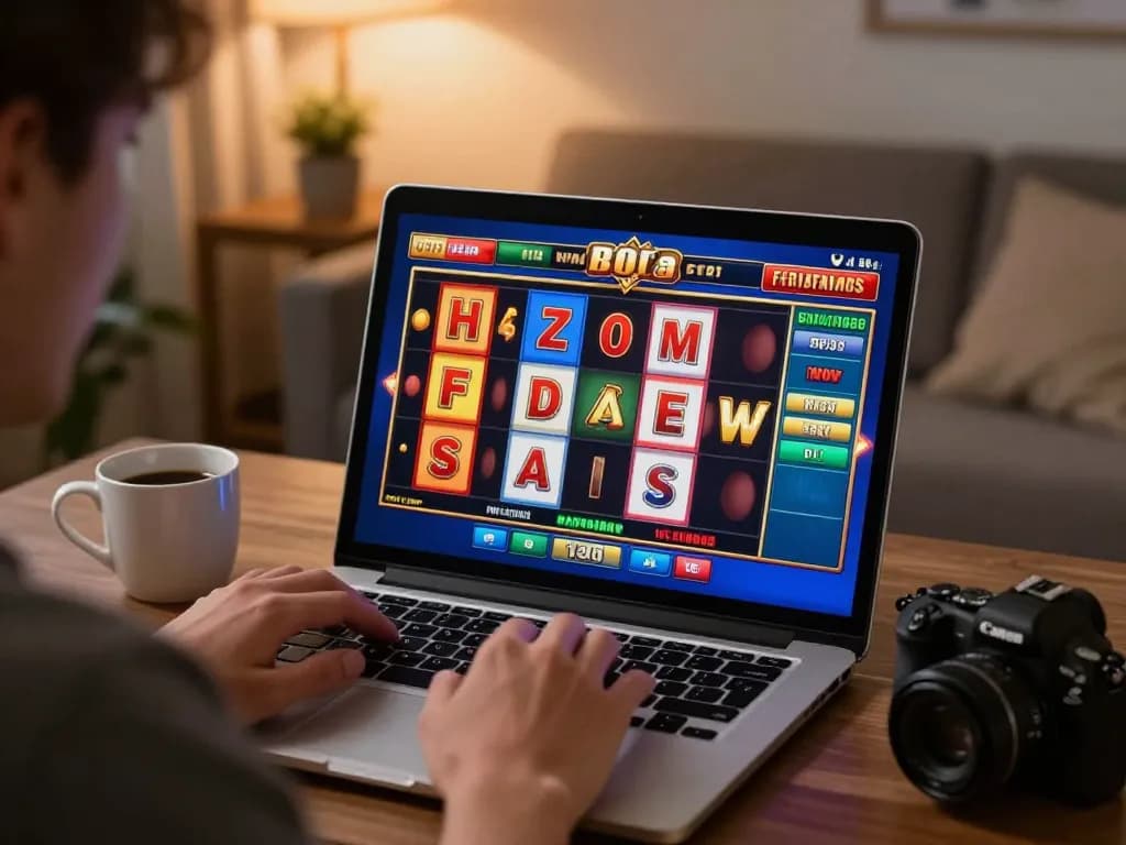 Player enjoying xx88 slot game on laptop in cozy home setup, showcasing digital gaming excitement.