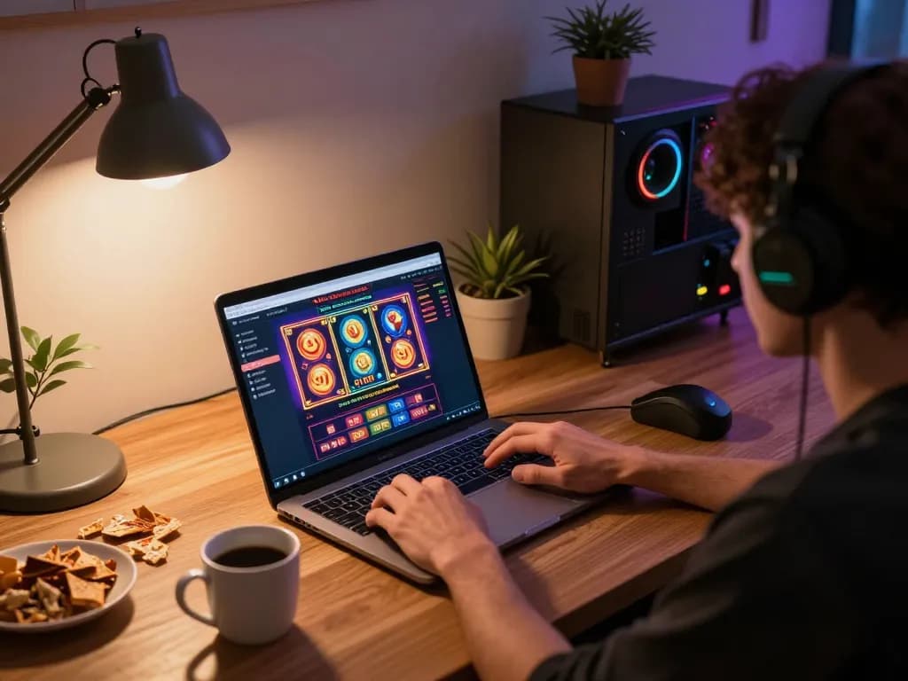 Player exploring LLwin com's vibrant online slots from a modern home office setup.