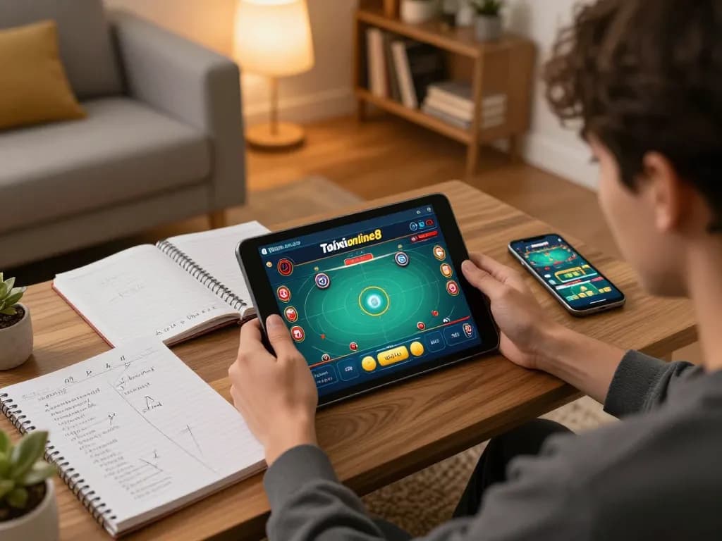 Player enjoying taixiuonline8 app for strategic online gambling in a cozy living room setting.