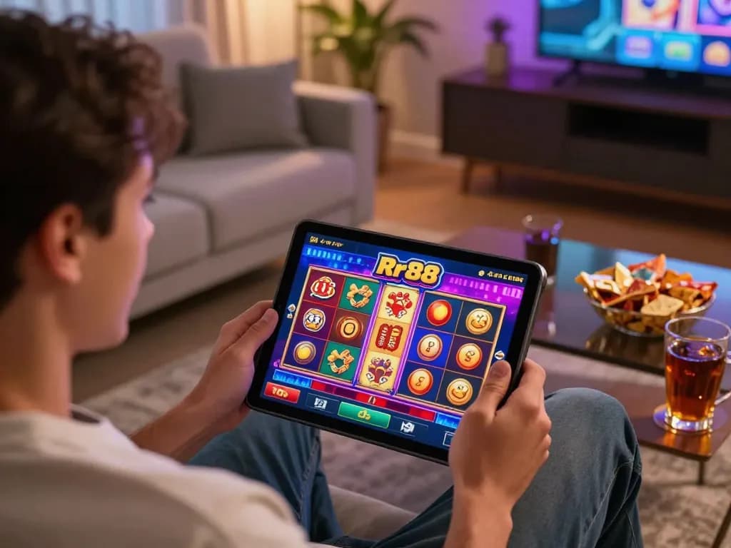 Player engaging in rr88 online gaming on a tablet, showcasing vibrant slot graphics and a cozy environment.