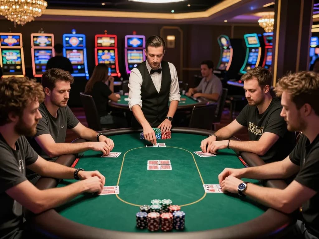 Players engaging in an intense poker game at 79club with chips stacked for high stakes