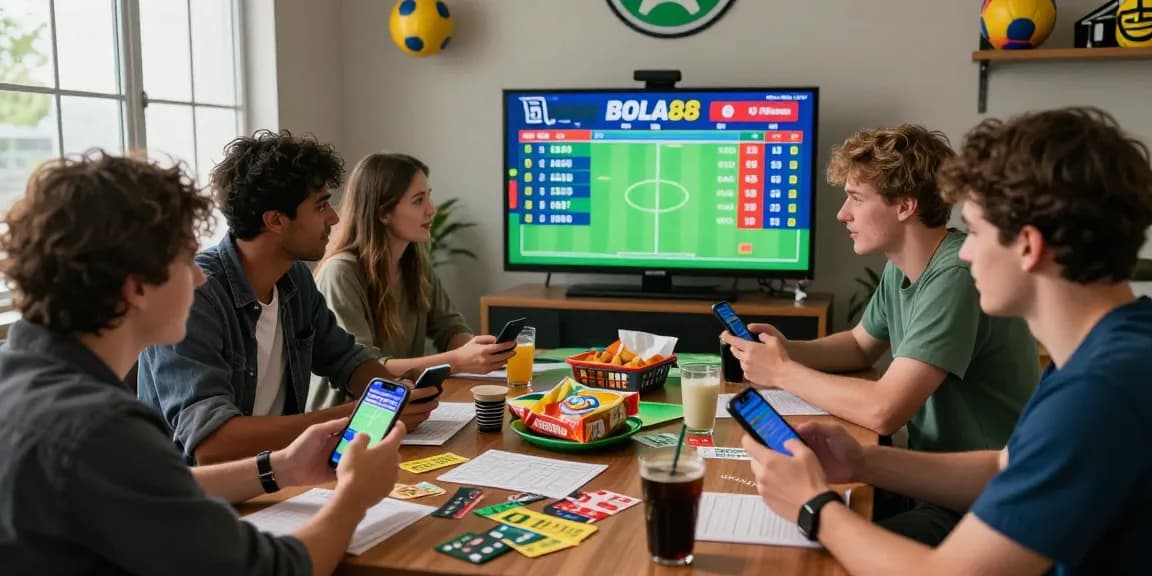 Exciting gathering of friends exploring BOLA88 sports betting odds during a lively game night.