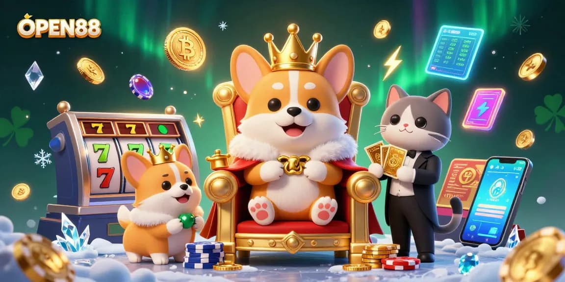 Engage in exciting gameplay at OPEN88 with a royal-themed casino illustration showcasing dynamic slot games and cryptocurrencies.