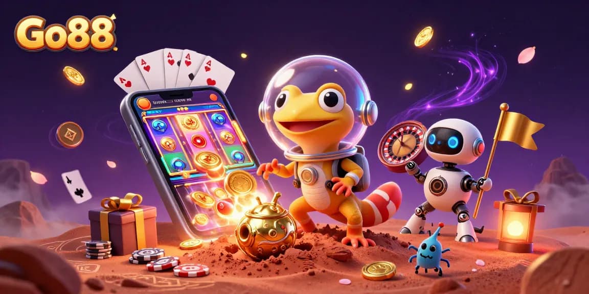 Experience Go88's golden casino adventure with a Martian gecko exploring and winning!