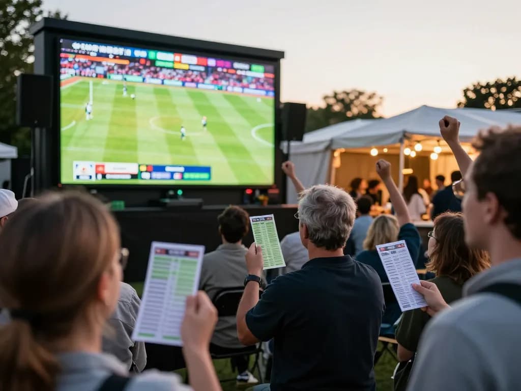 Fans engaging in sports betting at a lively outdoor event while analyzing odds of 7m games.