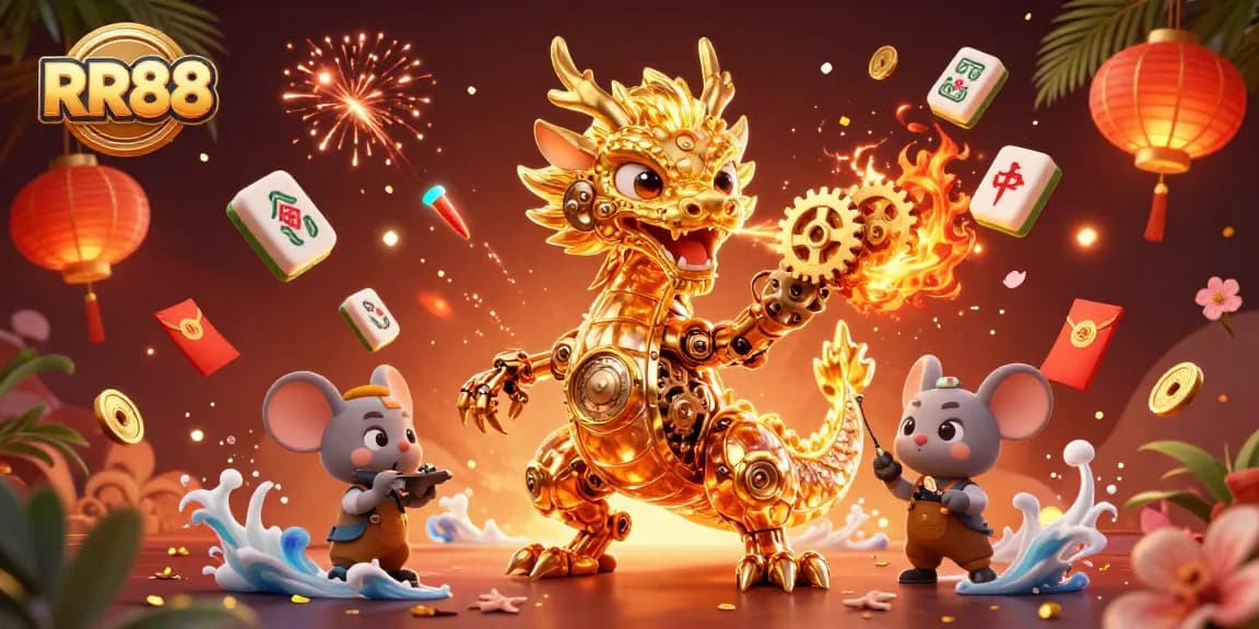 RR88 showcases a vibrant 3D casino scene with a golden dragon and festive elements.