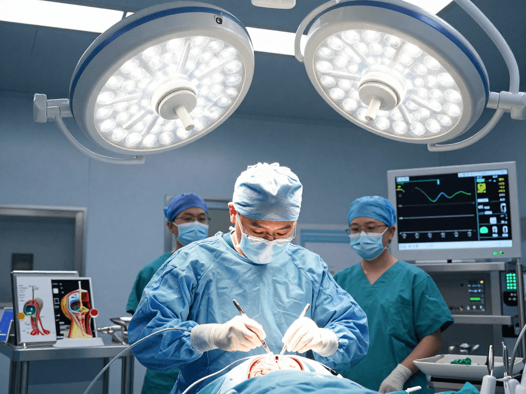 Cranial neurosurgery specialist performing a complex brain surgery in a sterile operating room with advanced tools and monitors.