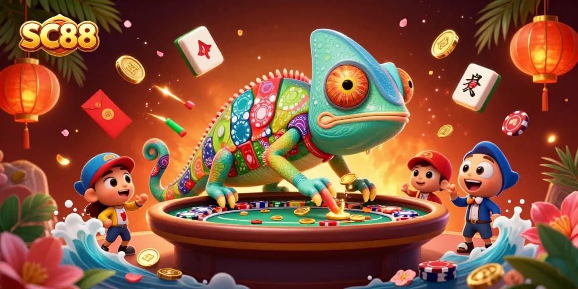 Experience SC88 with an engaging chameleon casino owner collecting coins amid vibrant gaming elements.