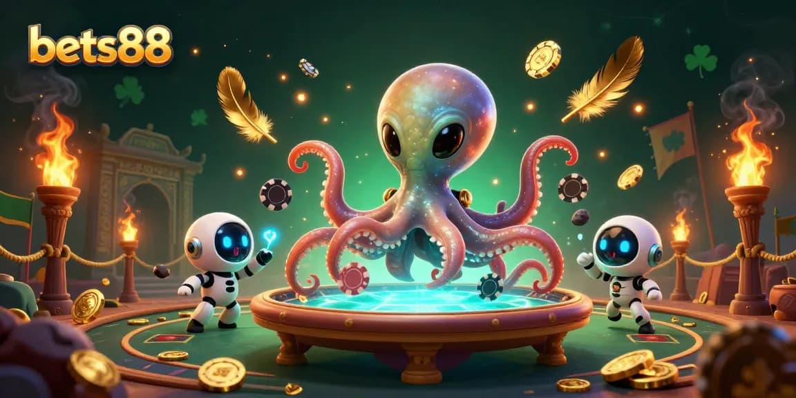 Engage with bets88's thrilling 3D casino scene featuring an alien octopus playing poker amidst cosmic excitement.