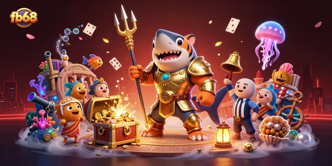 Experience thrilling gameplay at fb68, featuring an impressive underwater colosseum scene with a tiger shark and treasure.