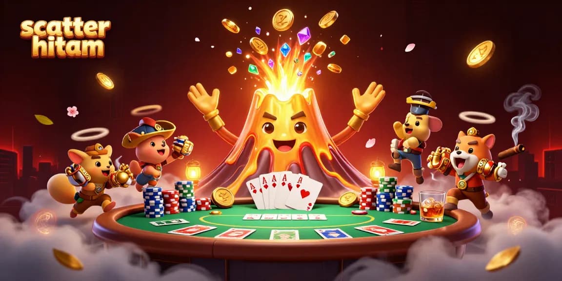 Experience the thrill of scatter hitam with coins and treasure erupting from a golden volcano, capturing jackpots.