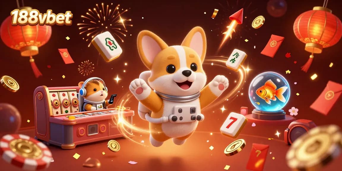 Play engaging games at 188vbet with floating corgi, coins, and luck elements in a vibrant casino scene.