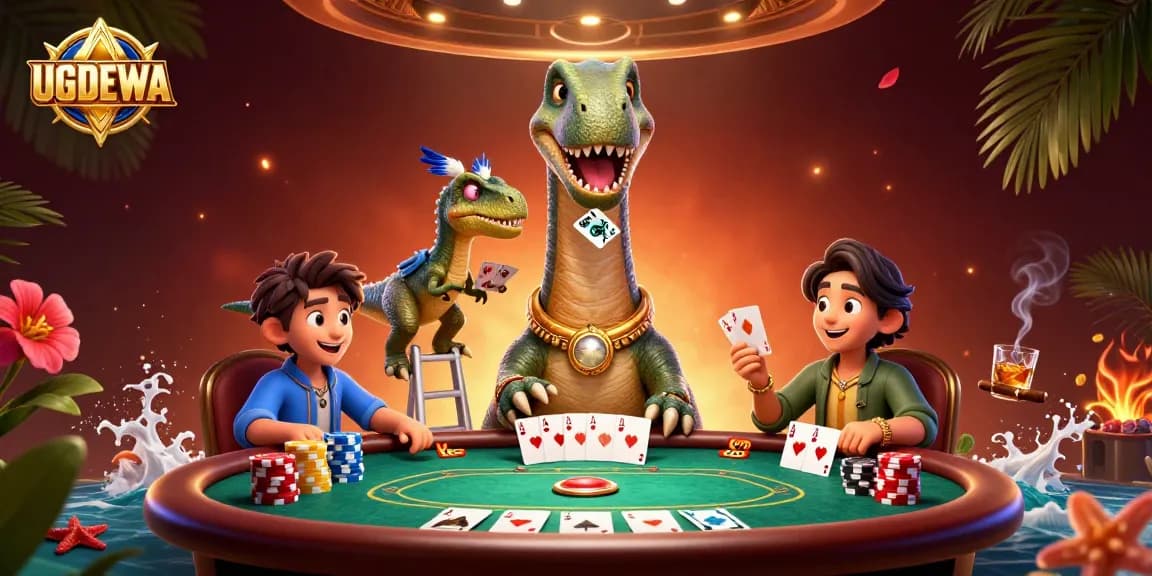 Experience thrilling gameplay with UGDEWA as the brontosaurus reaches for poker chips in a vibrant casino.