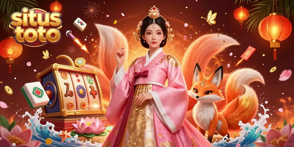Engage with situs toto in a vibrant 3D casino scene featuring slots, mahjong tiles, and lucky symbols.