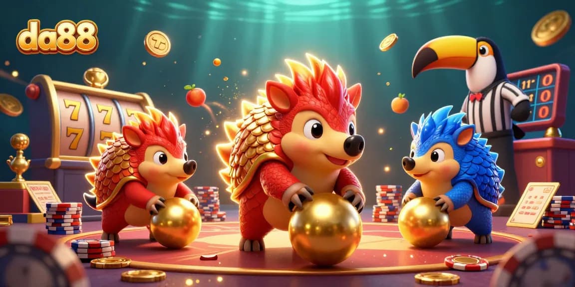 Engage with da88's thrilling 3D casino scene featuring rival pangolins amidst vibrant slot elements.