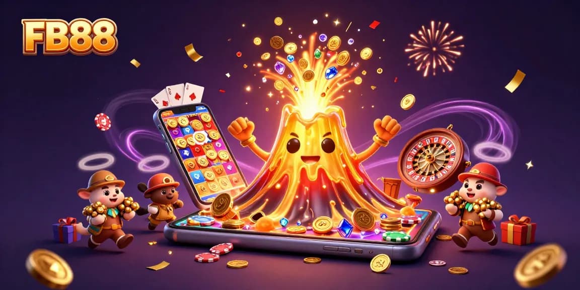 Experience thrilling moments at FB88 with a golden volcano erupting treasures in an exciting 3D casino scene!