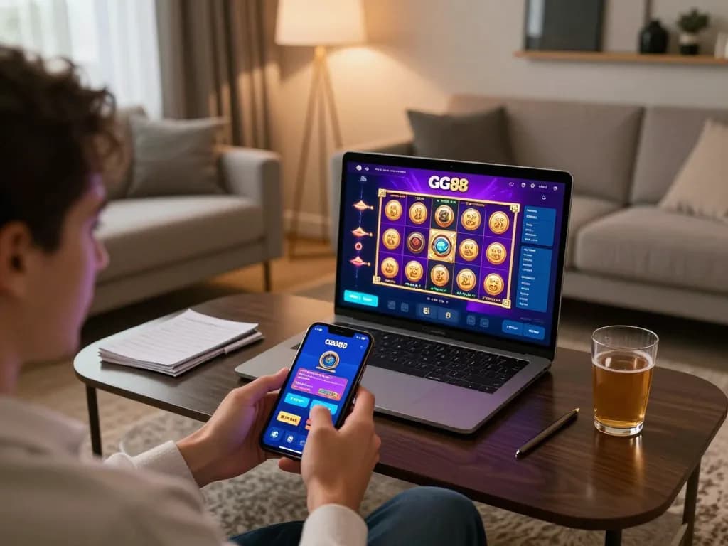 Engaging in mobile gaming with GG88 app in a cozy setting, showcasing excitement and strategy.