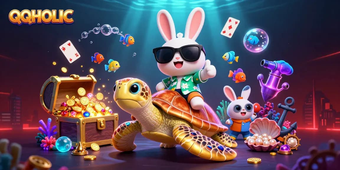 Experience the QQHOLIC adventure with a lucky rabbit and golden turtle in vibrant casino fun!