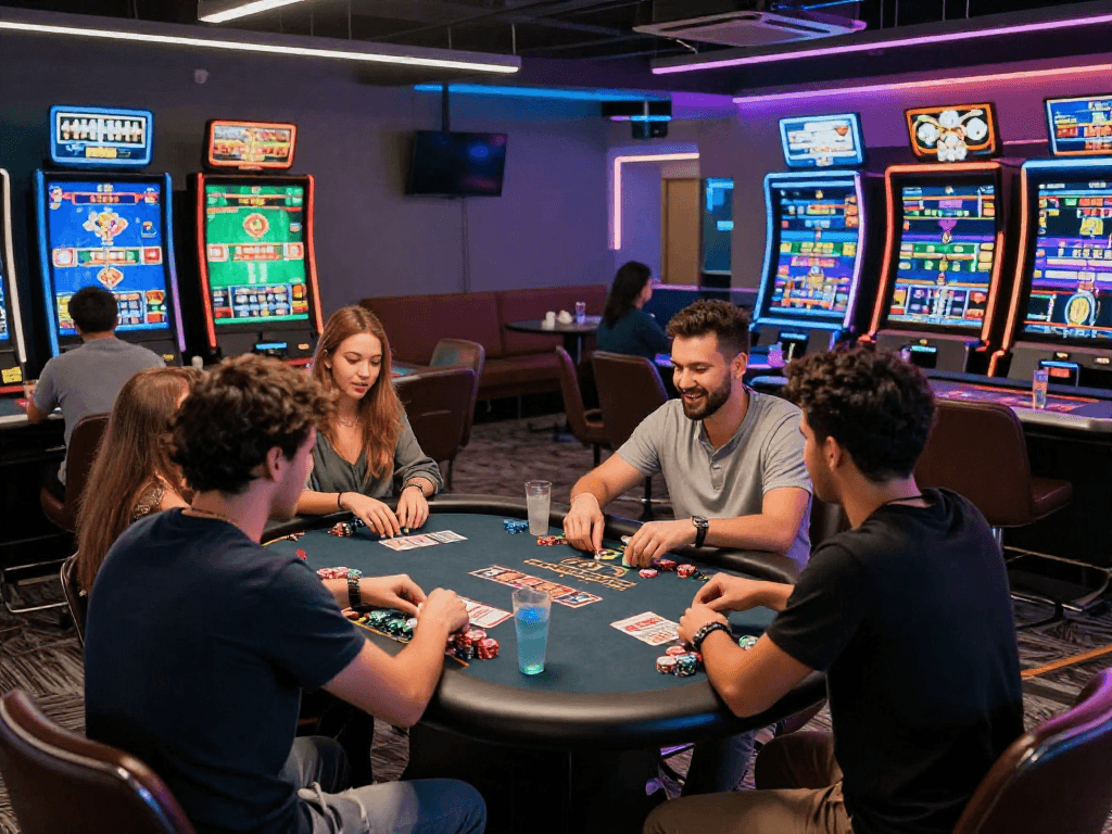 Exciting gaming lounge atmosphere featuring friends enjoying lavowin daftar in a vibrant, modern gaming environment.