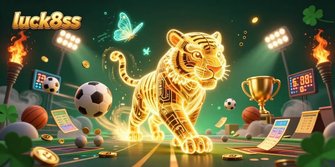 Experience luck8ss with a neon tiger and dynamic sports betting elements in a vibrant casino.