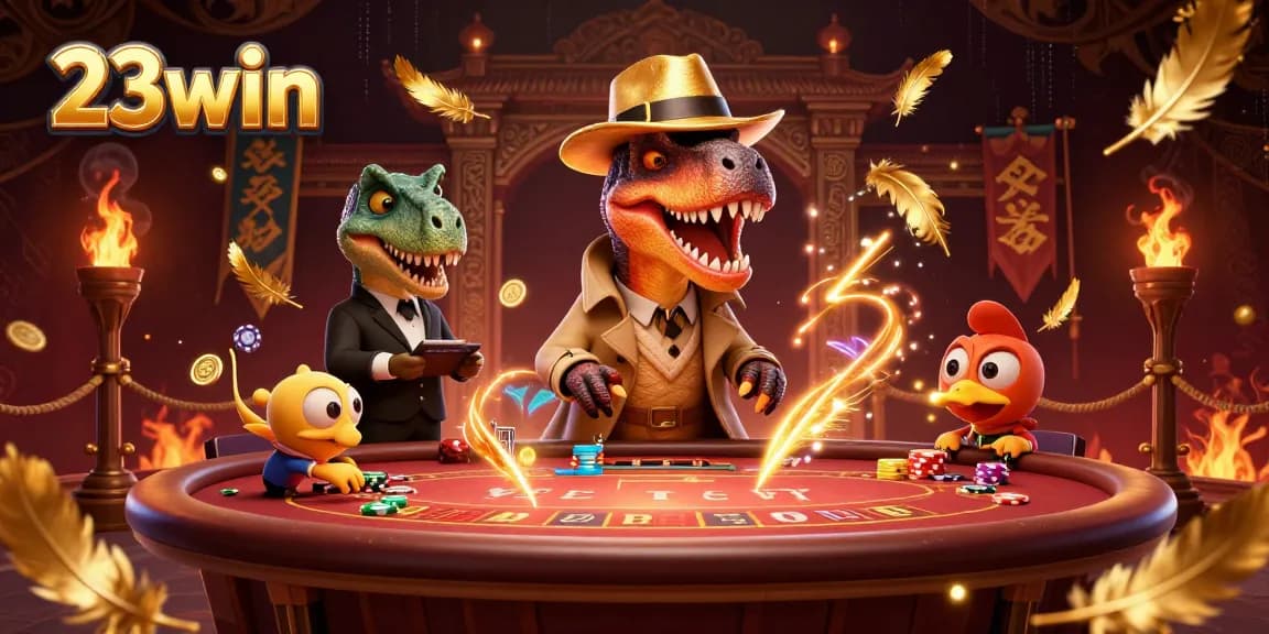 Experience thrilling bets with 23win's 3D illustrated velociraptor and stegosaurus at the casino.
