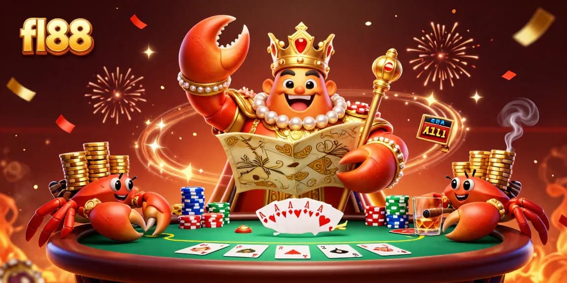 Win with fl88 as the golden crab emperor commands a lavish poker table filled with vibrant chips and cards.