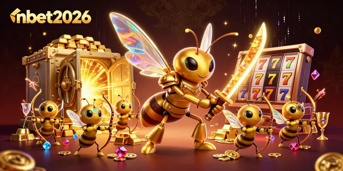Engage with nbet2026's vibrant casino experience featuring a golden hornet samurai amidst treasures and jackpot symbols.