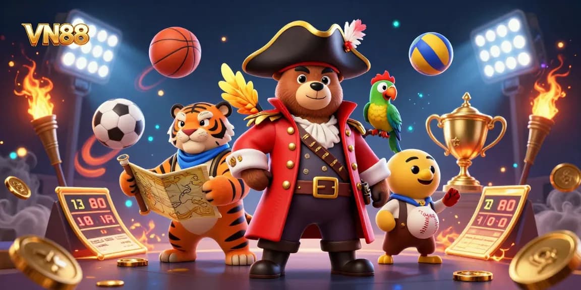 Experience thrilling gameplay at VN88 with the pirate and his fierce tiger exploring a vibrant sports betting adventure.
