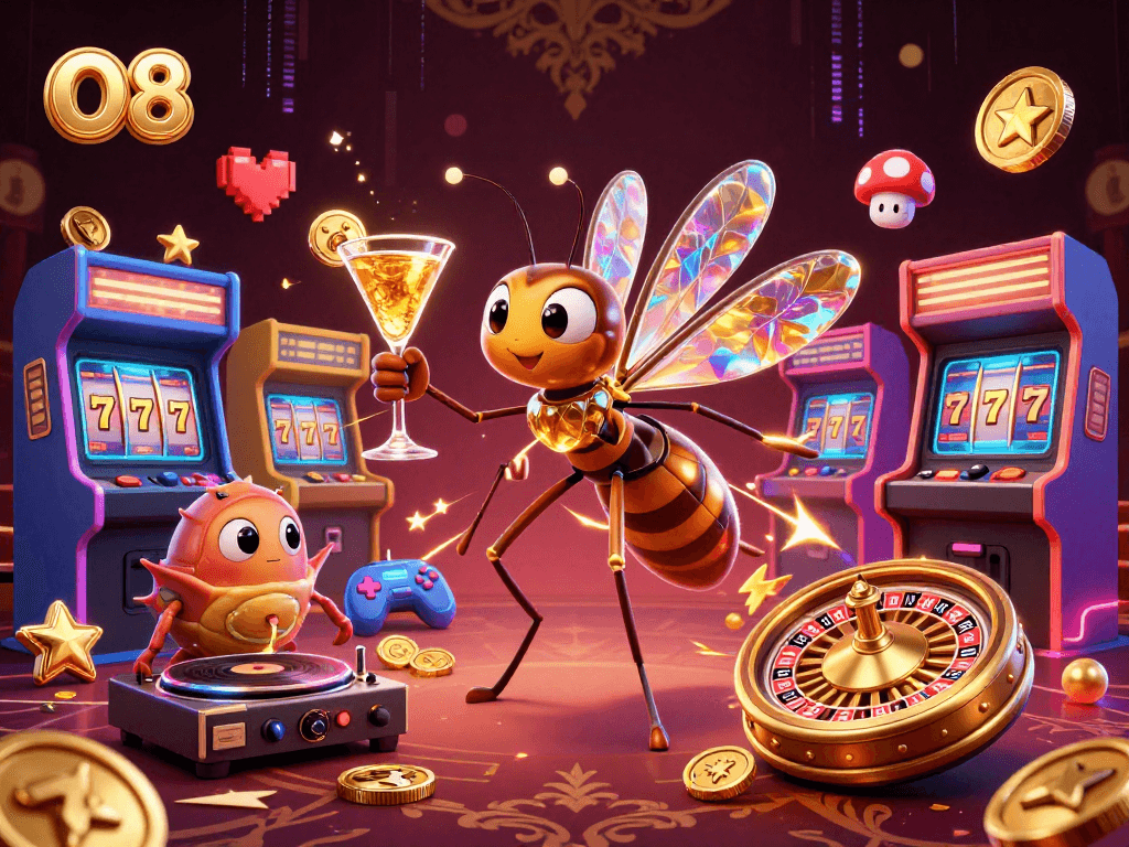 Experience O8 with vibrant casino assets featuring slot reels, cocktails, and dynamic game elements.