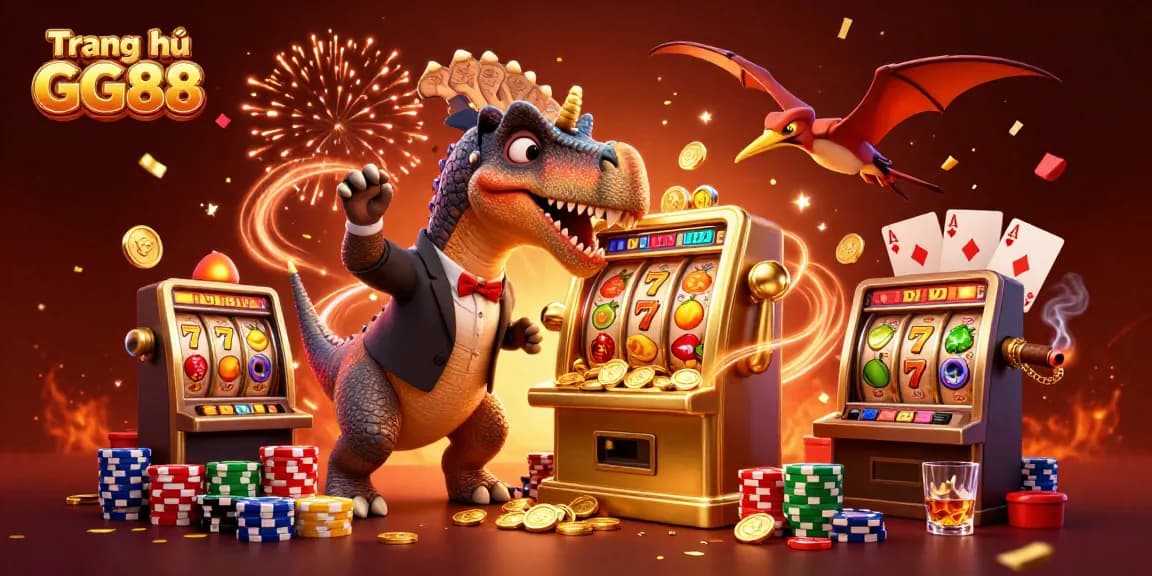 Win big with slots at Trang chủ GG88, featuring a 3D pachycephalosaurus, casino elements, and dynamic action.