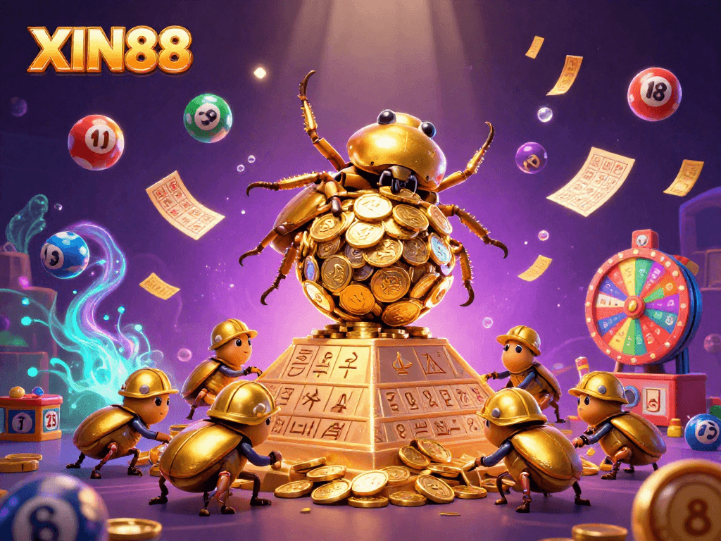 XIN88's vibrant lottery scene with golden beetles crafting the ultimate prize amidst colorful balls and glowing effects.