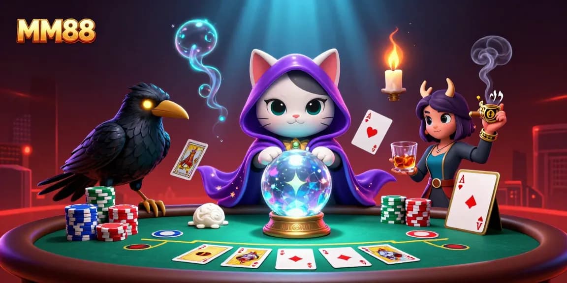 Experience thrilling gaming with MM88's vibrant casino scene featuring mystic characters and poker elements.