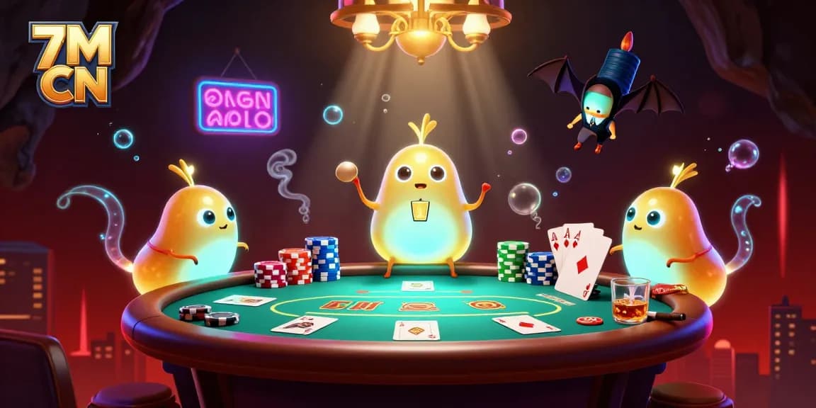 Engage with 7M CN's cartoon glowworms lighting a vibrant casino scene, enhancing the gameplay experience.