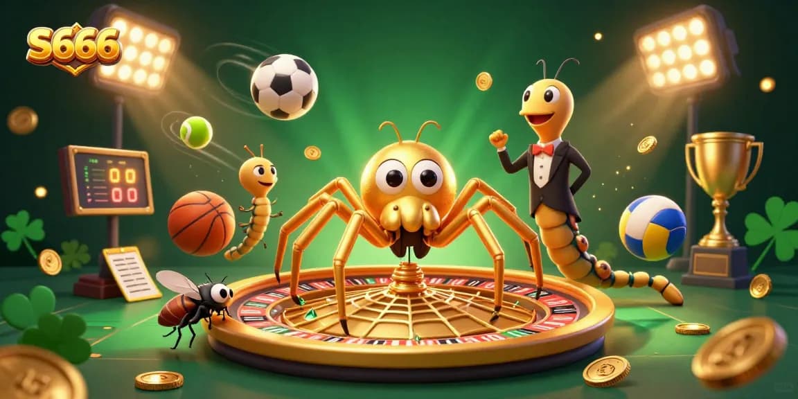 Experience thrilling gaming at S666 with a vibrant illustration of a golden spider and centipede croupier amidst sports elements and a roulette wheel.