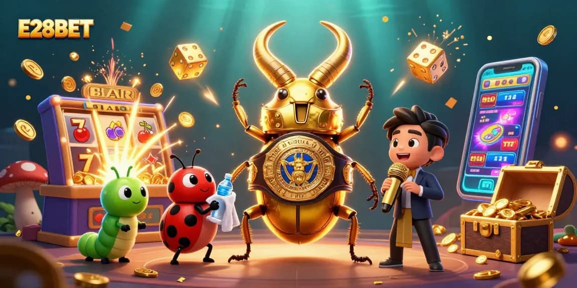 E28BET showcases an action-packed casino scene with vibrant characters and thrilling elements.