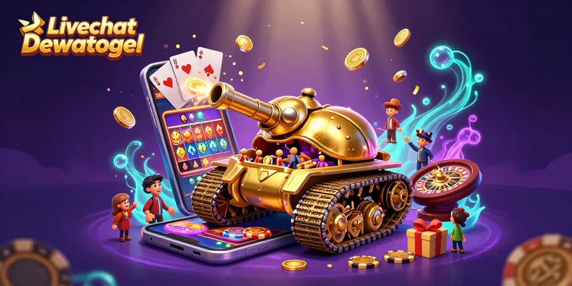 Experience the excitement of Livechat Dewatogel with a vibrant casino illustration packed with action and games.