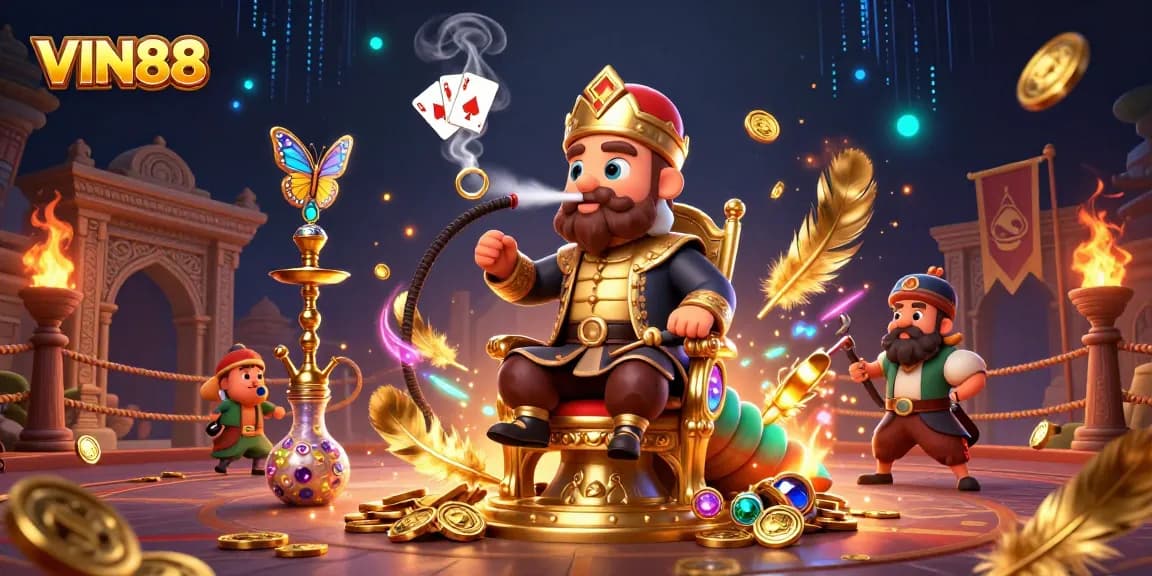 Experience thrilling wins at VIN88 with a vibrant casino-themed illustration featuring poker symbols and emerald treasures.